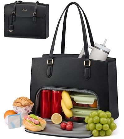 LOVEVOOK Laptoptasche Damen 17,3 Zoll Handtasche mit Kühlfach Groß Arbeitstasche Leder Shopper Tote Bag Women Lehrertasche Aktentasche Tragetasche Lunchtasche Elegant für Büro Business Schule, Schwarz