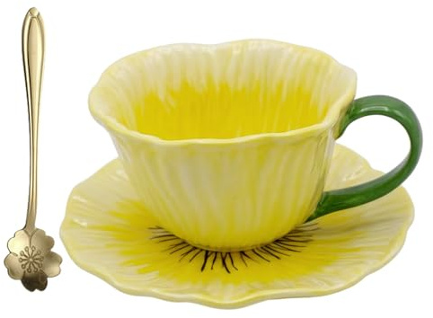 Juego de tazas de café con forma de flor, 3 piezas, 300 ml, de cerámica, con platillo y cuchara dorada, diseño de flores, apto para microondas, para café, capuchino, regalo, oficina, hogar