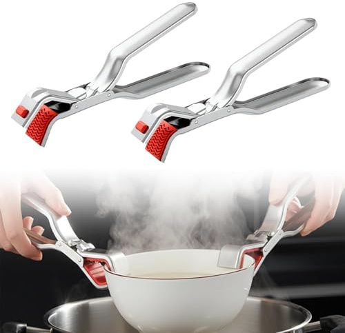 Anti-Scald Bowl Holder Clip for Kitchen, Stainless Steel Anti-Scald Bowl Holder Clip, Hot Plate Gripper Tongs with Silicone Non-Slip Handle, Heat Resistant Clamp for Air Fryer, Oven, Microwave (2pcs)