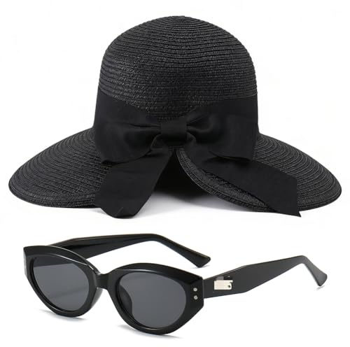 JynxtoyZeal Cappelli da Sole per Donna Viaggio Pieghevole da Spiaggia Cappello da Sole Sstivo a Tesa Larga in Paglia con Fiocco Occhiali da Sole per Donna, Viaggio, Estate, Nero