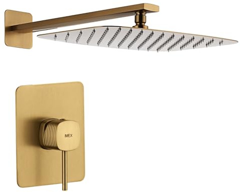 IMEX - Ducha Empotrada Oro Monomando | Conjunto de Grifería Empotrado con Rociador Antical Efecto Lluvia Dorada | Columna Ducha Empotrada con Grifo en Latón y Acero Inox S.304 (SIN ALCACHOFA)