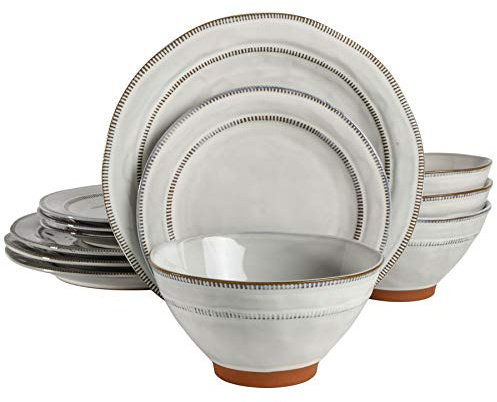 Gibson Elite Terranea Round Reactive Glaze Terra Cotta Dinnerware Set, Service for Four (12pcs), White