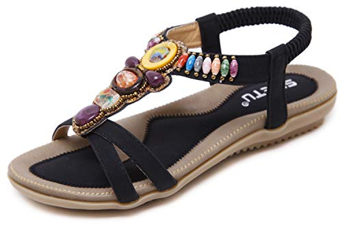 ZAPZEAL Women's Flat Sandals Ladies Bohemian Beaded Strap Shoes Diamante Rhinestone Toe Post Sandals for Ladies (Black, Adult, Women, 7, Numeric, UK Footwear Size System, Medium)