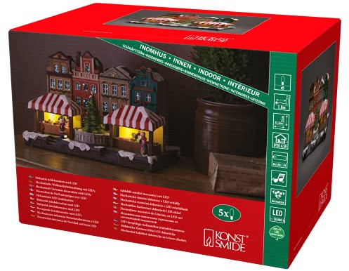 Konstsmide LED Fiberoptikhaus mit Stadtszene und Weihnachtsbaum, mit Musik, 5 bunte Dioden, 4, 5V Innentrafo/batteriebetrieben, Innen, 0,32W, schwarzes Kabel, Batterie: 3 x AA 1, 5V (exkl.) - 4231-000
