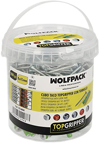 WOLFPACK LINEA PROFESIONAL Cubo Tacos Topgripper Bimaterial Con Tornillos Ø 8 mm. 100 Piezas Taco Anclaje Universal, Taco Hormigon, Taco Pladur