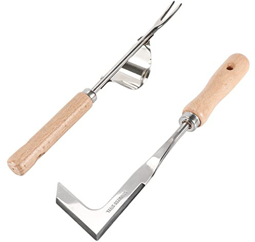 2 Stück Unkrautstecher, Edelstahl Manueller Unkrautgabel, Garten Weeder, Gartenarbeit Gabel, Unkrautjäter Wurzeljäter, mit Ergonomischem Naturholz Griff, zum Jäten Ihres Gartens, Graben, Lösen