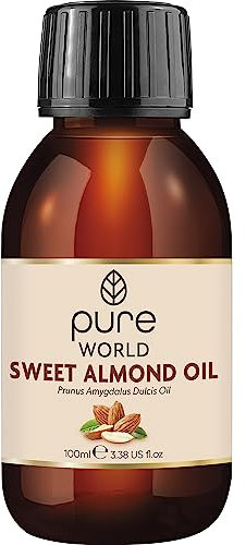 Pure World Natural Sweet Almond Oil 100ML 100% Pure and Naturral, Undiluted. Premium Quality Almond oil – Massage, Skin, Nails, Body and Face, Edible Vegan.