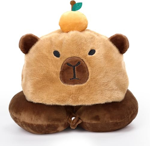 EVOLVEOVER Capybara U-Shaped Travel Pillow with Hood,Neck Headrest Plush Pillow,Hooded Sleeping Supplies Neck Chin Support Stuffed Animal Pillow for Airplane Train Car Office