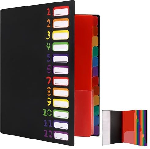 JIANTA Dokumentenmappe A4, Ordnungsmappe mit 12 Fächern, Fächermappe mit Gummizug und Etiketten, PP Kunststoff Ordnungsmappe, Mappen Ordnersystem für Schule Bürobedarf