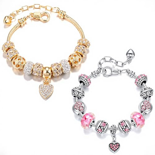 VTEAS 2 Pack Charm Bracelets Pink and Gold Heart Silver Plated Charm Bracelet, DIY Jewelry for Women Gifts, with Beads, Crystal, Charms, Love and Adjustable Snake Chain, Fits 7.5+1.5