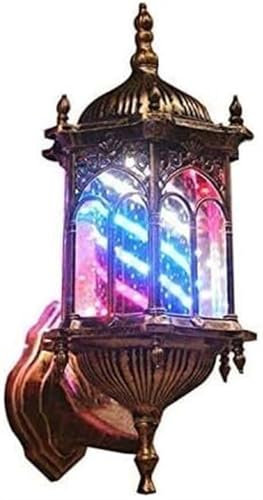 Salón giratorio, barbería, cartel abierto, poste, tiras rojas, blancas y azules con luz de globo brillante, lámpara montable en pared