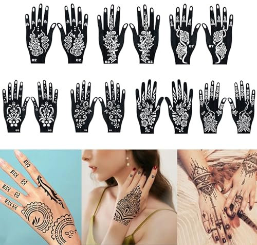 Hand Tattoo Stencil Black Tattoo Stencil,14 PCS Hand Temporary Tattoos Kit Templates,Semi-Permanent Transfer Stickers, Hands Finger Body Paint Tattoos Stencil Set For Women Girls