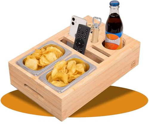 UNUS Couchbar Snackbox mit Fächern aus Bambusholz, Sofatablett Holz | Snackbox Organizer mit Griffen, Snackteller mit Getränkehalter