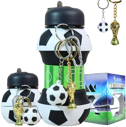 RIXOZ Borraccia da calcio con portachiavi trofeo della Coppa del Mondo – 550 ml bottiglia d'acqua pieghevole in silicone da calcio
