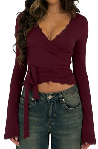Top corto da donna in pizzo Y2k a maniche lunghe con scollo a V profondo incrociato camicette slim fit Fairy Coquette T-shirt, Vino rosso, S