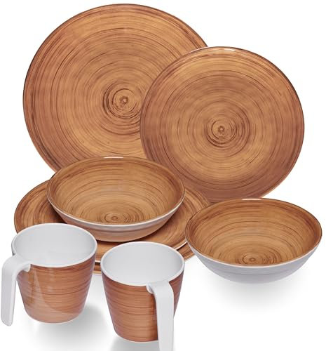Melamin Geschirr Set Braun für 2 Personen - 8 Teile mit stapelbaren Tassen Steingutoptik Spülmaschinengeeignet Essgeschirr Zubehör Campinggeschirr Wohnwagen Camping Festival Picknick Gartenparty