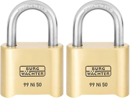 Burg Wächter Vorhängeschloss, Rostfrei, mit Zahlenschloss, 7,9 mm Bügelstärke, Massiver Messingkörper, 99 Ni 50 SB (Packung mit 2)