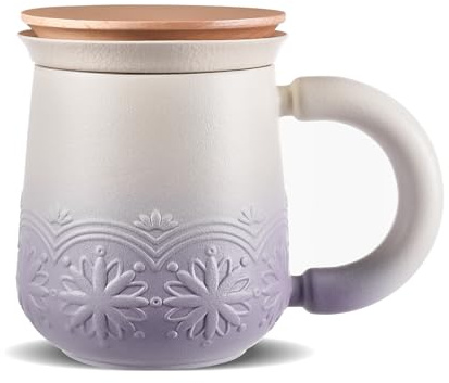 ZENS Teetasse mit Deckel und Sieb, 360ml Losen Teebecher Geschenke, Lila | Geprägtem Japandi Keramik Teetassen mit Feinsieb und Holz Deckel, Geschenke für Teeliebhaber, Tochter, Frauen