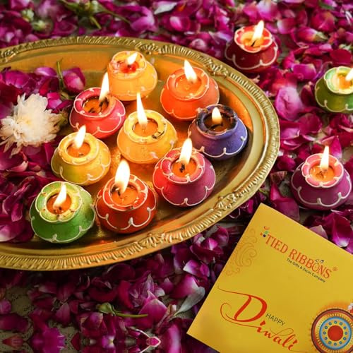 TIED RIBBONS 10 Stück handgefertigte Tondiya für indische, mit Wachs gefüllte, traditionelle hausgemachte Diyas-Teelichter, indische Öllampe, Pongal-Dekorationen für Haus, Ganesh Chaturthi