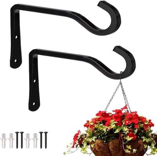 2 Pack Heavy Duty Hanging Basket Brackets Outdoor, 6 Inch Metal Hanging Basket Hooks & Small Hangings Basket Brackets for Concrete Post, Garden, Patio, Lanterns, Bird Feeders, Flower Pots (Black)
