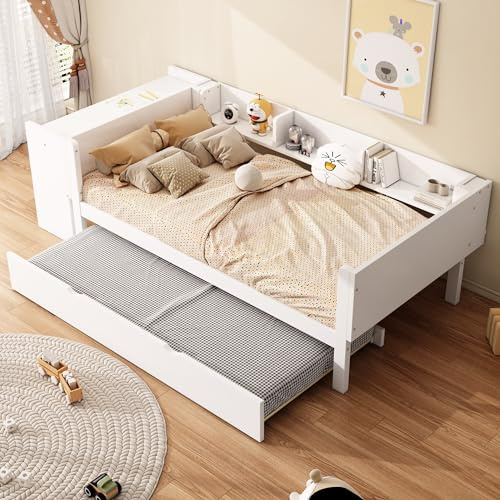 Easexcy 90 * 200cm, Flachbett, mit ausziehbarem Bett, mit Schreibtisch, DREI Regale an der Seite des Bettes (Weiß,90 x 200 cm (Innenmaß),mit Rollbett)
