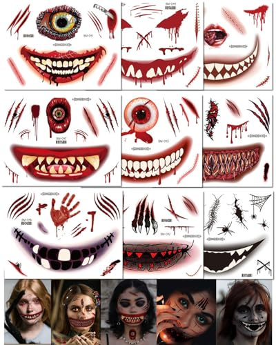 BNREOZA 9 Stück Halloween Gesicht Tattoos, Totenkopf Zombie Clown Vampir und Hexe Tattoos Gesicht Tattoos, Halloween Mund Tattoos, Halloween Makeup Zubehör