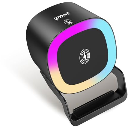 groov e Iris Wireless Charging Stand - 15W Fast Charging, Smartphone Stand with 5W Bluetooth Speaker & RGB LED Lights, Lightweight and Portable, Comes with a USB-C Cable