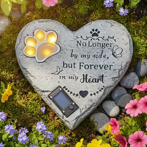 YHSOLAR Pierre commémorative à énergie solaire pour animal domestique - Statue en forme de cœur avec inscription Forever in My Heart - Pierres tombales pour chiens et chats - Résine imperméable