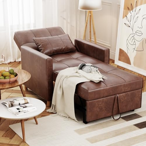 YODOLLA 3-in-1 Schlafsessel, umwandelbares verstellbare Schlafstuhl, Schlafsofa Bett mit Schlaffunktion, Sessel mit Kissen und Seitentasche für kleine Räume, Braun