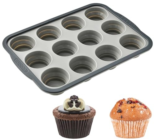 YXHZVON Muffinform Silikon, Faltbart Muffin Backform für 12 Muffins Standardgröße, BPA-Frei, Antihaftbeschichtet Cupcake Formen für Muffins, Cupcakes, Egg Bites (Grau)​