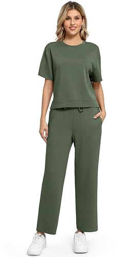 WUWUSKY 2 Piece Sets for Women Casual Tracksuit Womens Full Set Summer Short Sleeve Lounge Wear Sets for Women V Neck Ladies Tops and Gym Activewear Bottoms with Pockets