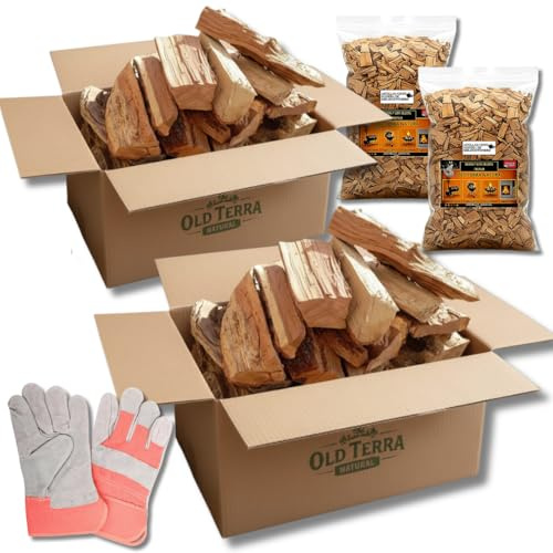 OLD TERRA NATURAL | 2 Cajas Kit Leña Premium 20kg para Chimenea, Barbacoa y Horno de Pizza | Troncos seleccionados, 2 Astillas de Frutal y un par de Guantes de Cuero de Calidad