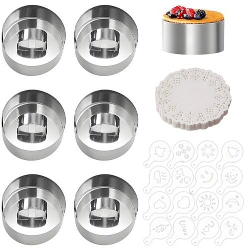SHILIUZHI 6 Stück Dessertringe und Speiseringe Set, 8cm Speiseringe mit Heber +16 Kaffee Latte Art Schablonen, Edelstahl Dessertringe für Backen, Kuchen Dekoration und Torten