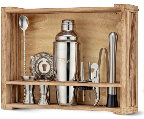 Mixology & Craft 11-Piece Cocktail Shaker Set with Wood Stand | Complete Cocktail Kit Gift Set | Top Bartender Gifts for Men & Women | Leak-Proof Tools (Silver)