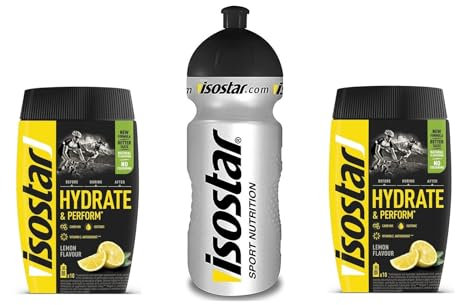 Isostar Hydrate & Perform Iso Drink – 400 g isotonisches Getränkepulver – Elektrolyt Pulver zur Unterstützung der sportlichen Leistungsfähigkeit – 2 x Zitrone + 0,5 Liter Flasche