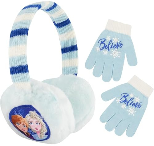 Disney Girls' Winter Earmuffs and Kids Set, Frozen 2 Ear Warmers Ages, Light Blue, Gloves-Age 4-7