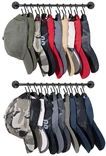 Mkono Hat Rack for Wall Baseball Cap Organizer Hanger with 20 Hooks Modern Metal Hat Holder Wall-Mounted Caps Display for Closet Door Bedroom Entryroom Laundry, Set of 2 Black