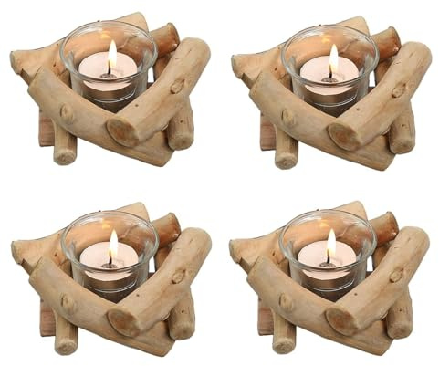 Sziqiqi 4 Pezzi Portacandele in Legno con Vetro, Rustico Candelabro Candeliere per Matrimonio Agriturismo Centrotavola Soggiorno Tavolino Casa Decorazioni