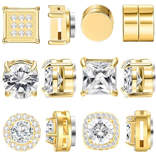 NEWITIN 6 Pairs Stainless Steel Magnetic Stud Earrings for Men Clip on Earring Magnetic Earring Unisex Non Piercing CZ Magnet Studs Diamond Earrings for Women Men