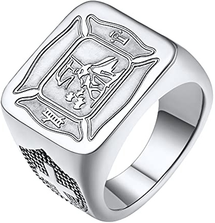 U7 Anello di San Florian con Sigillo di Santo Patrono, Vintage Anello Uomo Acciaio Inossidabile, Taglia 13 Argento Anello Protezione, Fede Gioielli Regalo per Famiglia Amici