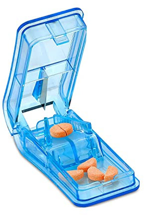 Coupe Comprimé,Coupe Medicaments à Pilules pour Petits et Gros Cachets Coupe Pilules 2 en 1 avec compartiment de rangement pour pilules Bleu transparent pour les personnes âgées les enfants et les