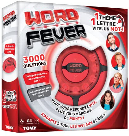 TOMY Word Fever Elektronisches Ratespiel/Wortsuche mit Sounds, 3000 Fragen – Familie, geeignet für Erwachsene und Kinder ab 7 Jahren