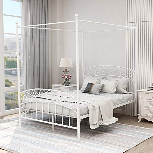 AUFANK Full Size Canopy Bed Frame Four-Poster Metal Platform Bed with Headboard and Footboard Sturdy Heavy Duty Steel Slat Support No Box Spring Needed White