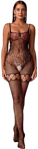 Bommi Fairy Women's Strap Lace Stockings Sexy Lingerie Babydoll Bodysuit Mesh Jumpsuit Sexy Fishnet Tights Bodycon (Black)