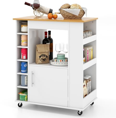 TANGZON Kitchen Storage Trolley on Wheels, Rolling Kitchen Island with Cabinet, Open Shelf, 6 Wine Holders, Bamboo Worktop, 3 Spice Racks & Towel Rack, Dining Room Utility Serving Cart (White+Natural)