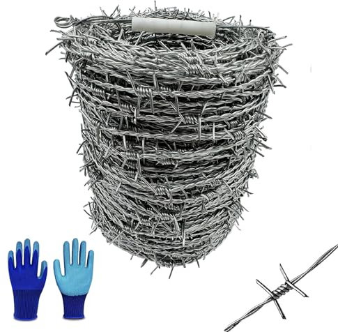 YAGJIA Stacheldrahtzaun, 100 m, 4-Punkt-Stacheldraht, 1,6 mm verzinkter Stahl, silberfarben, stark und flexibel, ideal für Hof, Garten, Handwerk und Tierabschreckung