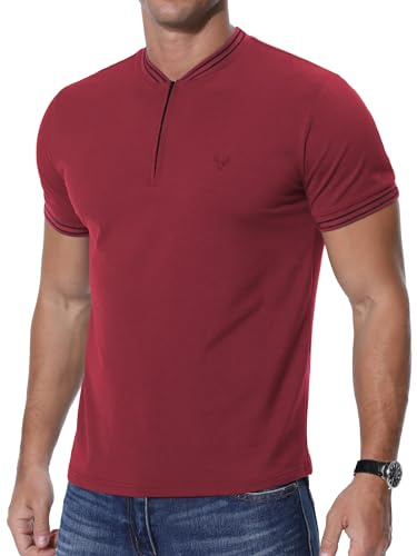 KUYIGO Henley T-shirt zippé à manches courtes pour homme Motif tête de cerf Coupe ajustée