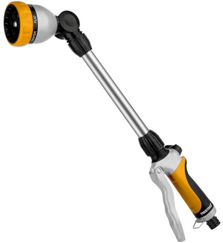 RESTMO 48cm Watering Lance, Hose Pipe Spray Gun, Long Metal Spray Lance | 180° Adjustable Ratcheting Head | 7 Spray Patterns Garden Hose Wand, for Water Hanging Baskets, Shrubs, Yellow
