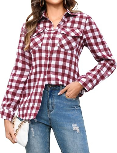 Aottori Camisa de Cuadros Mujer Cuello en V Manga Larga | Algodón, Franela, Blusa, Clásico, con Botones, Camiseta, Elegante, Chaqueta, Casual