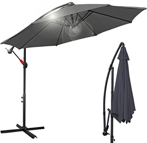 Eulenke Sonnenschirm mit Ständer 350 cm, Ampelschirm mit Kurbel, 8 Stahlverstrebungen, Neigungswinkel und Höhe verstellbar, UV-Schutz Gartenschirm für Balkon Garten Terrasse Strand, Anthrazit